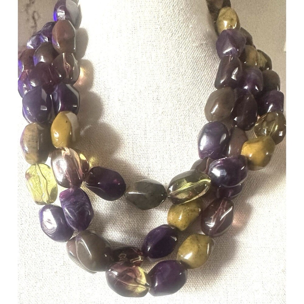 Chunky Multicolor Acrylic Nugget Bead Necklace 3 Strand Purple Amber 16-19